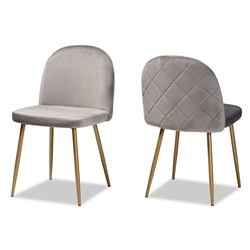 Baxton Studio Fantine Modern Luxe and Glam Grey Velvet Fabric Upholstered and Gold Finished Metal 2-Piece Dining Chair Set